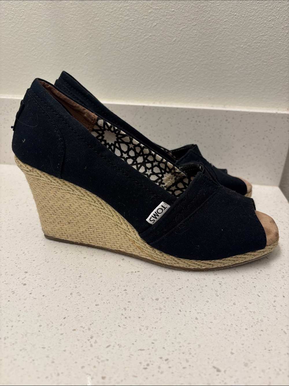 TOMS Black Canvas Espadrille Wedge Peep-Toe